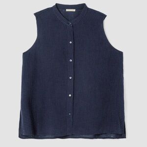 Eileen Fisher Puckered Organic Linen Sleeveless Shirt in Blue/Black Size 1X. NWT